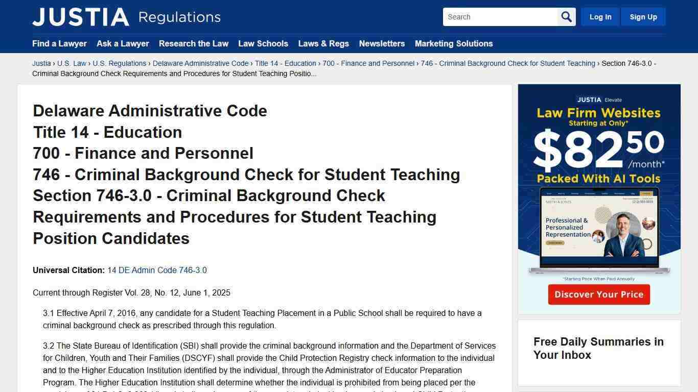 Delaware Administrative Code, 746, Section 746-3.0 - Criminal Background Check Requirements and Procedures for Student Teaching Position Candidates | Delaware Administrative Code | Justia