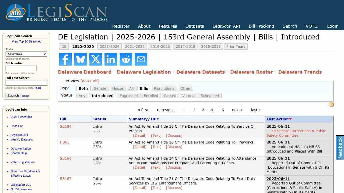 DE Legislation | 2025-2026 | 153rd General Assembly | Bills | Introduced | LegiScan