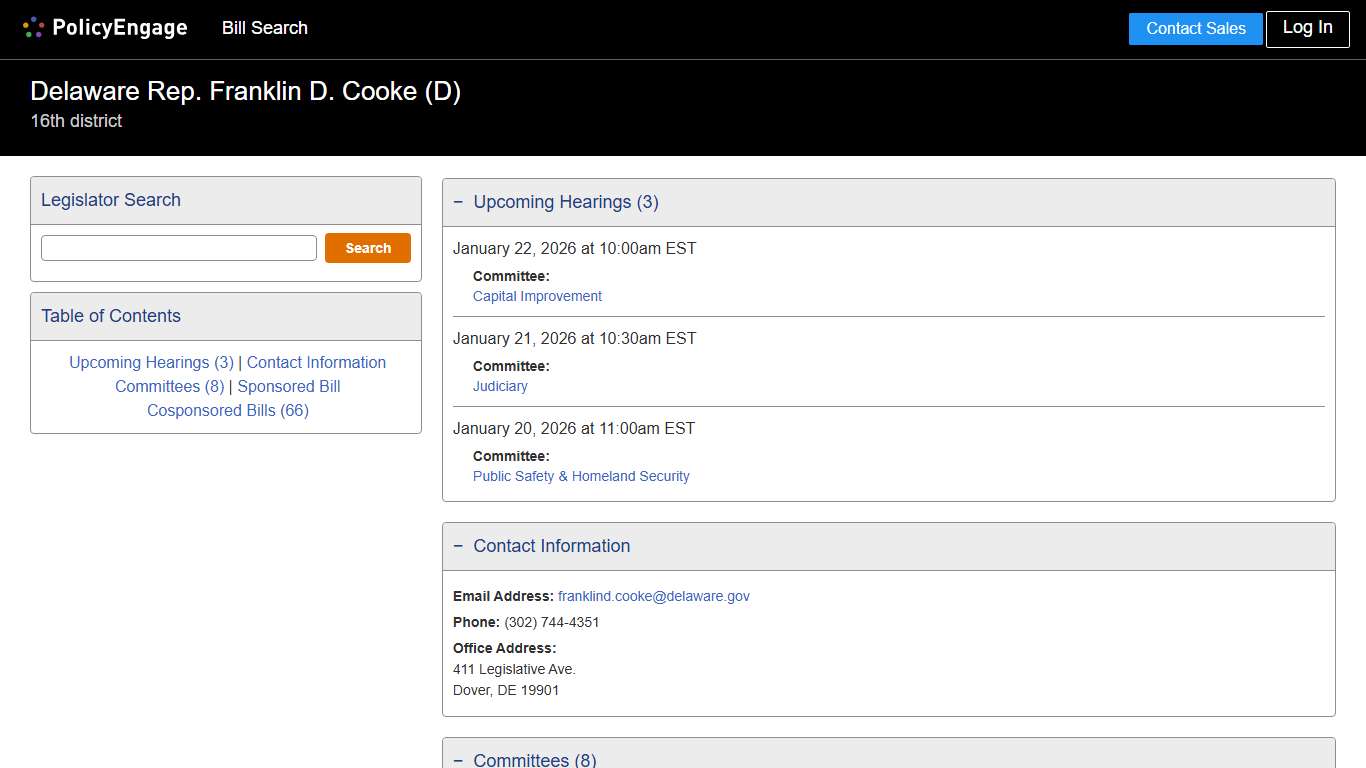 Rep. Franklin D. Cooke | Delaware 2025-2026 - Legislative Tracking | PolicyEngage